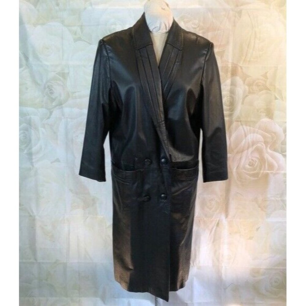 Traditional Trends Long Over-sized Trench Coat Black Leather Button up Petite